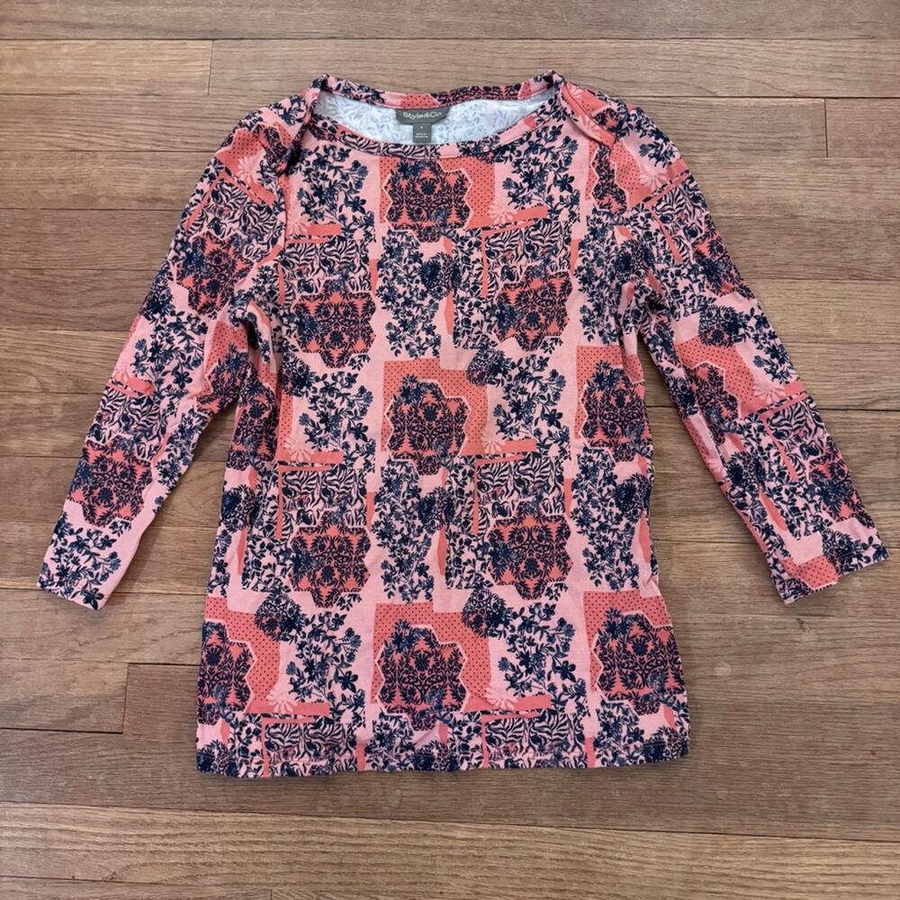 Style & Co. Pink floral flower 3/4 sleeve blouse T-shirt top size small S
b71